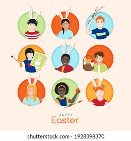 Happy Easter greeting poster, card with cheerful smiling diverse skin colors kids wearing bunny ears, painting traditional eggs, drawing rabbit, paying egg hunting. Bright colors vector illustration 