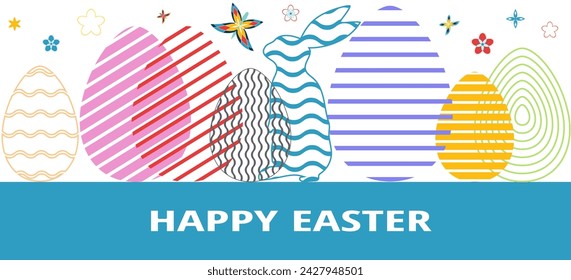 Póster de felicitación de Pascua feliz, tarjeta, fondo, banner, papel pintado. Huevos de Pascua simple abstracto geométrico patrón para la presentación, folleto, banner, plantillas, fondo.