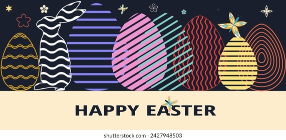Póster de felicitación de Pascua feliz, tarjeta, fondo, banner, papel pintado. Huevos de Pascua simple abstracto geométrico patrón para la presentación, folleto, banner, plantillas, fondo.