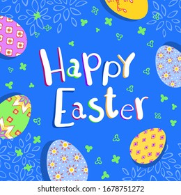 Happy Easter greeting poster with colorful eggs on blue background. Vector illustration for Easter day