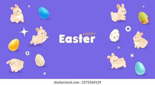 Happy Easter greeting poster with cute bunny and decorative eggs. Promotion and sale template on violet background for Easter Day. Vector illustration