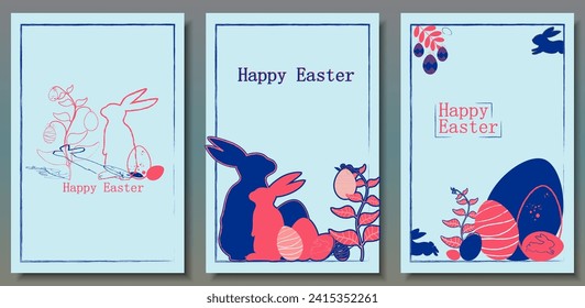 Happy Easter greeting poster design card. Bunny rabbit, Easter eggs 3 colors. Pattern for presentation, brochure, banner, templates set, background.