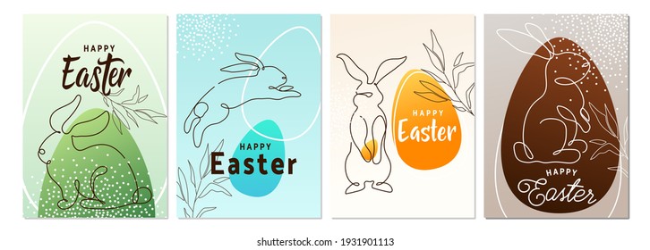 Happy easter greeting poster set background. Line style bunny with egg and greeting text sign in simple whimsical memphis modern flat style.