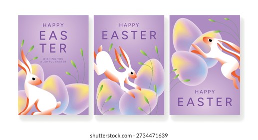 Happy Easter greeting posters with bunny, pastel eggs and spring branches on violet background. Festive holiday illustration with rabbits, Easter symbols and floral elements for card, poster, ad