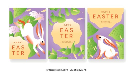 Happy Easter greeting posters with bunny, spring leaves and pastel eggs on violet background. Festive holiday illustration with rabbits, floral elements and Easter symbols for card, poster ad