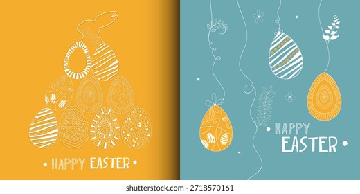 Diseño feliz de la tipografía del marco de la tarjeta de los carteles de la felicitación de Pascua con el conejo del conejo, los huevos de Pascua, las plantas de la primavera. Establecer la Plantilla para la publicidad, el Web, las redes sociales	