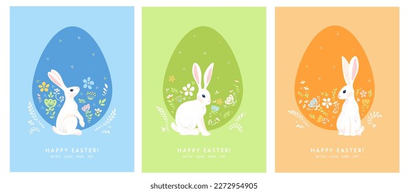 Afiches de feliz saludo de Pascua con un lindo conejito blanco, flores en forma de huevo. Colores de la temporada de primavera pastel. Ilustración vectorial de estilo moderno plano. Plantilla para volantes, tarjetas, banners, portadas, decoración.