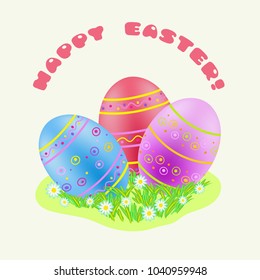 Happy Easter greeting with red; blue; purple painted eggs in the green grass