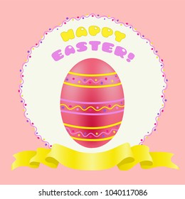Happy Easter greeting with red painted egg and golden ribbon