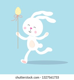 Happy easter greeting card.Сute running bunny with easter egg.Flat hand drawn vector character.