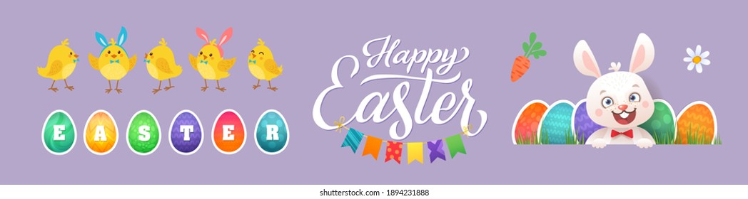 Happy Easter Greeting Set. Bunny Funny Characters. Funny yellow chickens with Bunny Hears. Cute Easter bunny sitting with egg. Vector illustration. 