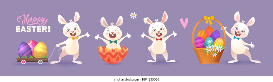 Happy Easter Greeting Set. Bunny Funny Characters. Cute Easter bunny sitting in egg, juggling with easter eggs, decorated Easter Eggs. Vector illustration. 