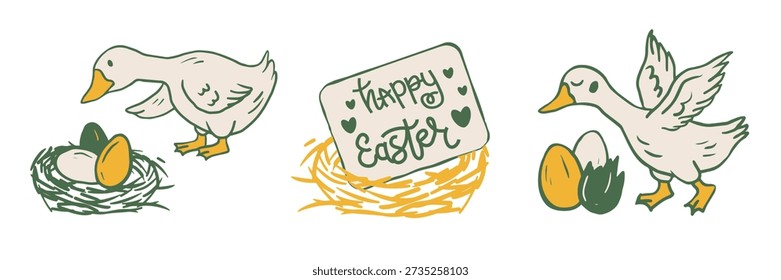 Happy Easter greeting set featuring a cute goose, nests, and spring eggs in a hand-drawn doodle style. Perfect for holiday greeting cards, seasonal home decor, farm-themed party invitations, and eco-friendly packaging design.