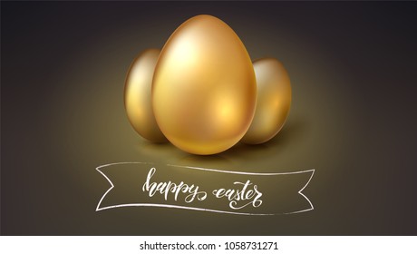 Happy Easter greeting, spring holiday. Template with handwritten calligraphy and Golden eggs. Festive brush pen lettering and hand drawing doodle banner. Easter greeting with traditional decorations.