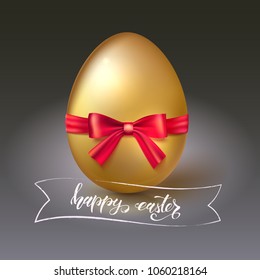 Happy Easter greeting, spring holiday. Template with handwritten calligraphy and Golden egg with red bow. Festive brush pen lettering and doodle banner. Easter greeting with traditional decorations.