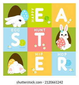 Happy Easter greeting square card with cute funny bunnies hiding Easter eggs at holes. Easter egg hunting post design for kids. Vector illustration in pastel colors. Big letters, chamomile flowers.