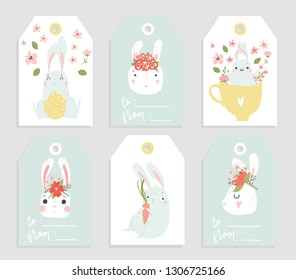 Happy Easter greeting tags templates with eggs, flowers, floral frames and wreaths, rabbit and lettering. Vector illustration