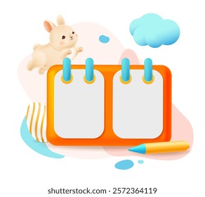 Happy Easter greeting template with 3D bunny, flip calendar, painted egg, pencil and clouds. Holiday design ring calendar with copy space for text. Vector illustration isolated on white background