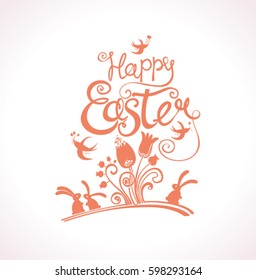 Happy Easter greeting template with flowers, Easter bunnies and swallows. 