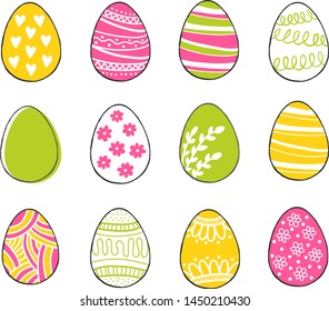 Happy Easter greeting templates card colors green, pink, yellow with hand drawn modern eggs. Vector illustration.
