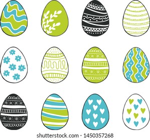 Happy Easter greeting templates card colors blue and green with hand drawn modern eggs. Vector illustration.