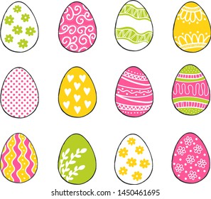 Happy Easter greeting templates card colors green, pink, yellow with hand drawn modern eggs. Vector illustration.