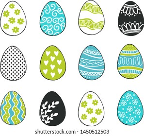 Happy Easter greeting templates card colors blue and green with hand drawn modern eggs. Vector illustration.