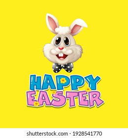 Happy Easter greeting text with cartoon bunny on yellow background. Vector illustration 