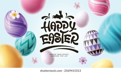 Happy easter greeting text clipart design. Happy easter typography text with printed colorful easter eggs clip art in blurred white background. Vector illustration easter sunday banner card design.
