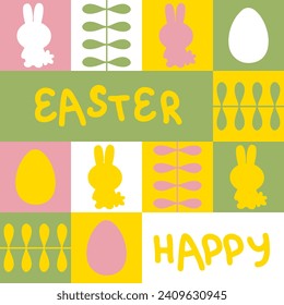 Happy Easter greeting text spring pattern with rabbits and eggs. Perfect print for poster, card, banner. Great design for any project.
