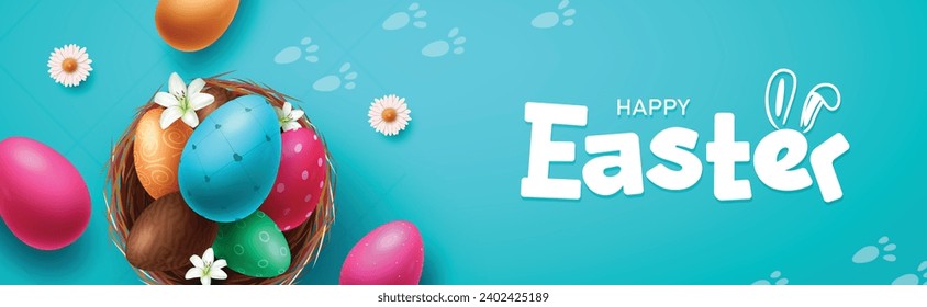 Happy easter greeting text vector banner. Happy easter greeting card with colorful eggs, flowers and nest decoration elements in blue background. Vector illustration easter greeting card.
