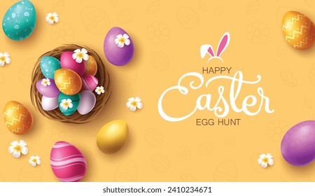 Happy easter greeting text vector design. Happy easter greeting card with colorful cute eggs and nest decoration elements in yellow background  Vector illustration easter egg hunt kids party 