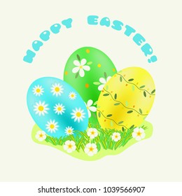 Happy Easter greeting with turquoise; green; yellow painted eggs in the green grass