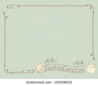 Happy Easter Greeting typography logotype with singing chickens, retro vintage frame. Lettering and border in Art Nouveau style for greeting card, invitation, poster background calligraphy template