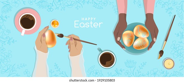 Happy Easter greeting vector banner with female hands holding and painting traditional eggs. Ad for workshop, handmade gifts, craft master class at cafe. Gold paint, brush, coffee cups, table top view