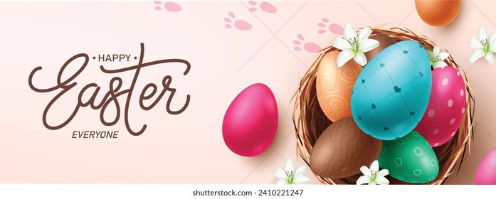 Feliz diseño de pancartas vectoriales de saludo de Pascua. Feliz celebración de la temporada navideña de caza divertida de huevos de Pascua con huevos de colores y patrón en la decoración de los elementos anidados. Huevo de Pascua 