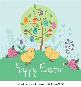 Happy Easter greeting vector card with colorful eggs