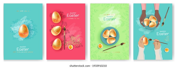 Happy Easter greeting vector cards, posters. Set of vertical banners with traditional eggs, painted in gold, decorated with leaves, flowers. Handmade craft masterclass ad, flyer, promo, invitation