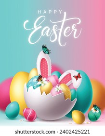 Happy easter greeting vector design. Happy easter text with crack egg shell, colorful eggs and bunny ears decoration elements for kids fun hunt celebration concept. Vector illustration easter greeting