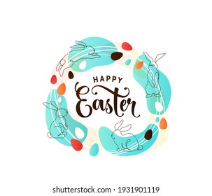 Happy easter greeting vector illustration in minimal line style with outline bunnies, eggs, color spots and celebration text at the center. Spring design in circle, round shape.