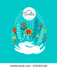 Happy easter greeting vector illustration. Funny white easter bunny jump under sun and flowers, leaves and floral elements, decorated in egg shape. Isolated on blue background.