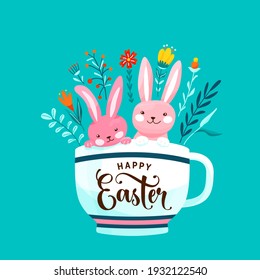 Happy easter greeting vector illustration. Two funny pink easter bunnies sit in the white cup surrounded flowers, leaves and floral elements isolated on blue background.
