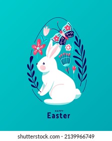 Happy easter greeting vector illustration. Funny white easter bunny with cute butterfly sit surrounded flowers, leaves and floral elements, decorated in egg shape. Isolated on white background.