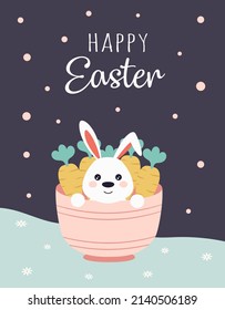 happy easter greeting vector illustration, funny easter bunny sit in cup surrounded carrots, simple flat design