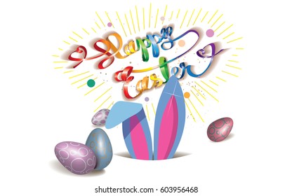 Happy Easter greeting vintage card with Easter bunny in the hole,ribbon in rainbow colors,eggs and confetti isolated on a white background.Vector illustration.