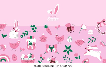  Happy Easter greeting web banner on light background
