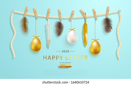 Happy Easter greeting web banner.Easter eggs and feathers on blue background. Promotion festive background with holiday symbols.