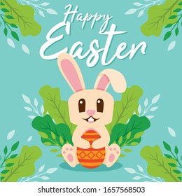 Happy Easter Greeting With...aster Egg Illustration. Cute Easter Bunny With Easter Egg.