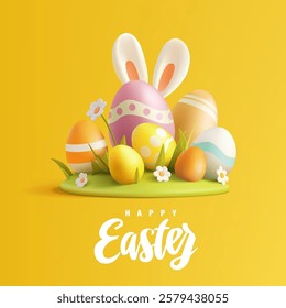 Happy Easter greetings. 3D daisies, Easter eggs, bunny ears looking up. Bright festive scene on a yellow background. Vector