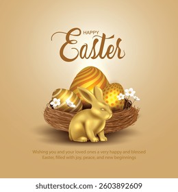 Happy easter greetings 3d golden rabbit and eggs. vector illustration design